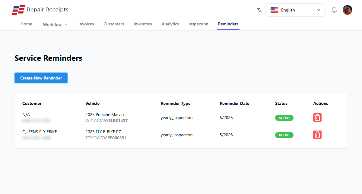 Service Reminders Dashboard