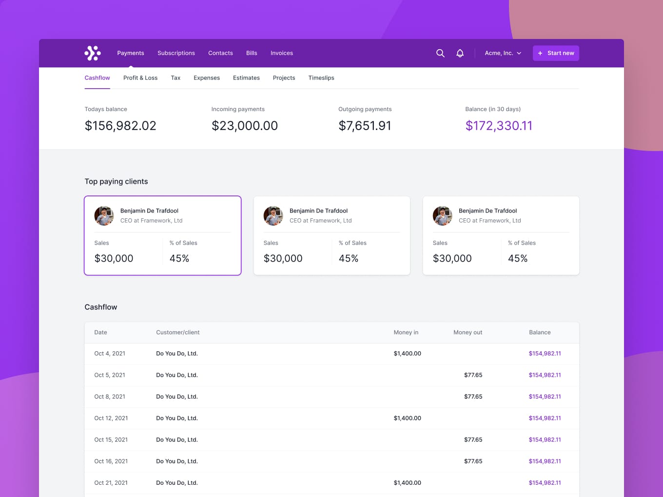 Payment application dashboard screenshot with transaction table, financial highlights, and main clients on colorful purple background.